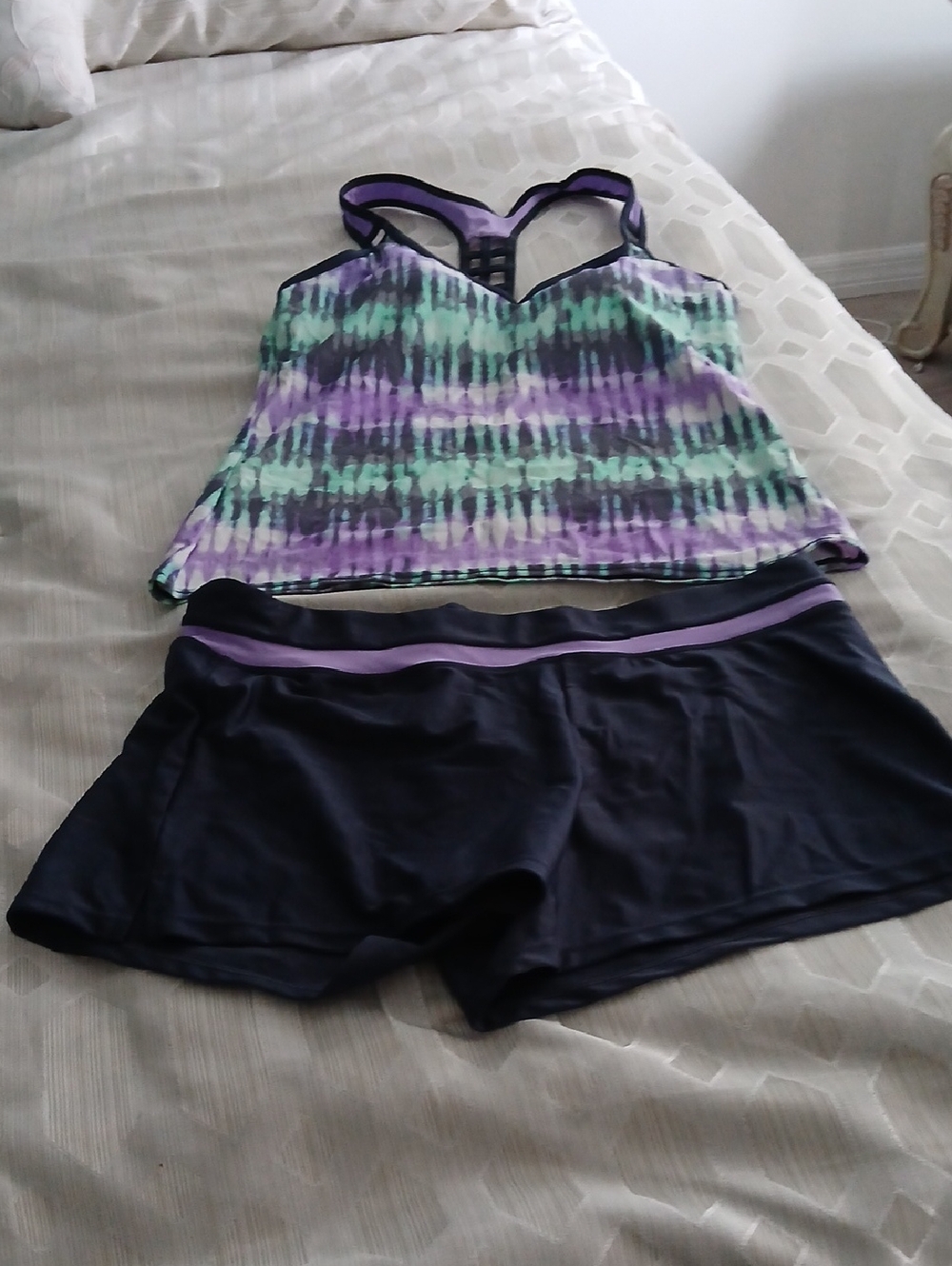 ZeroXposur Purple & Teal Tie-Dye Swim Tank with Gray Swim Shorts...Never Worn